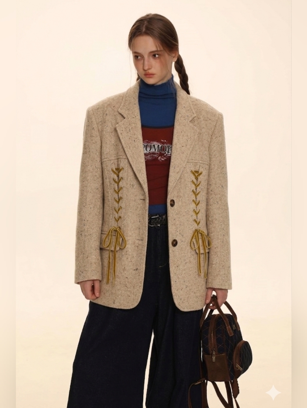 Moromoro Wool Tweed Corset Lace-Up Oversized Blazer Jacket Camel 8
